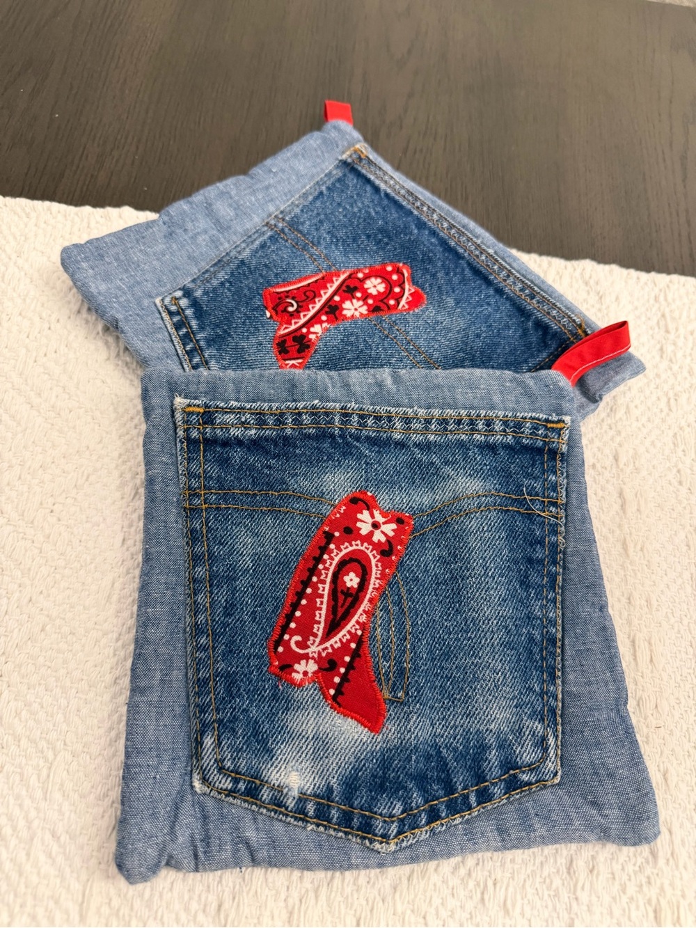 Hand Crafted Blue Denim ven mitts with Red cowbot boot red Bandana Patch